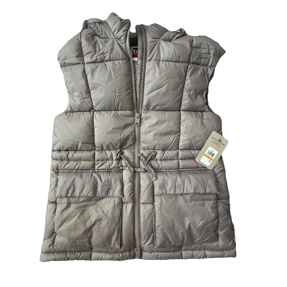 Levi’s Light Gray Hooded Puffer Vest Zip Front Drawstring Waist